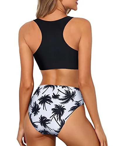Racerback High Waisted Two Piece Bikini Set For Teen Girls-Black Palm Tree