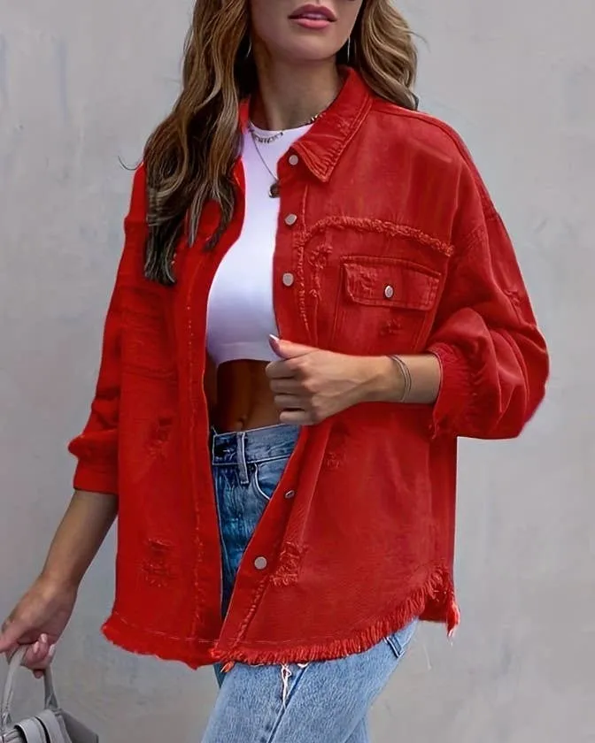 Ripped Long-Sleeved Denim Jacket