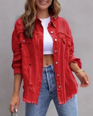 Ripped Long-Sleeved Denim Jacket