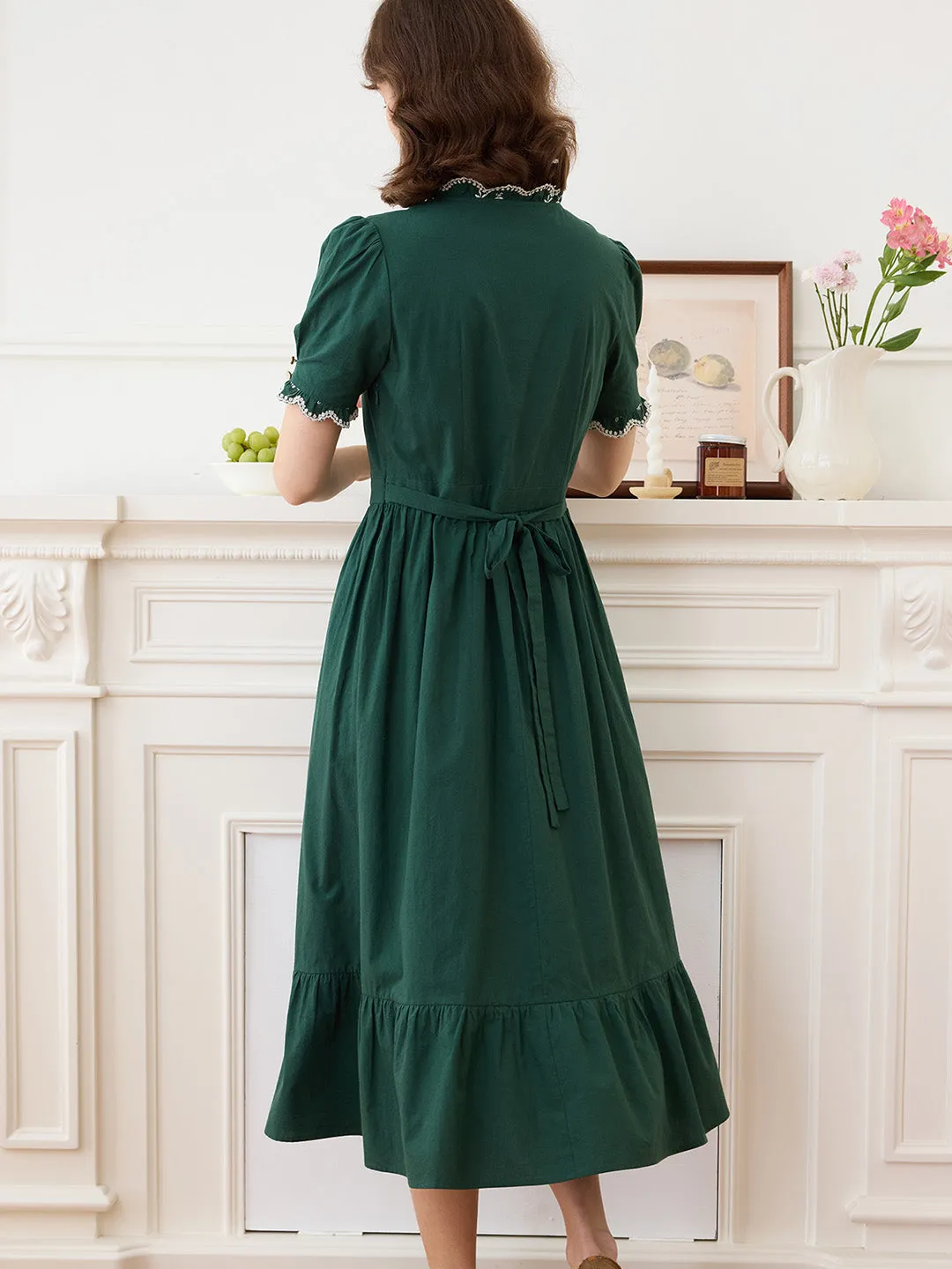 Romina Cotton Vintage Embroidered Green Dress
