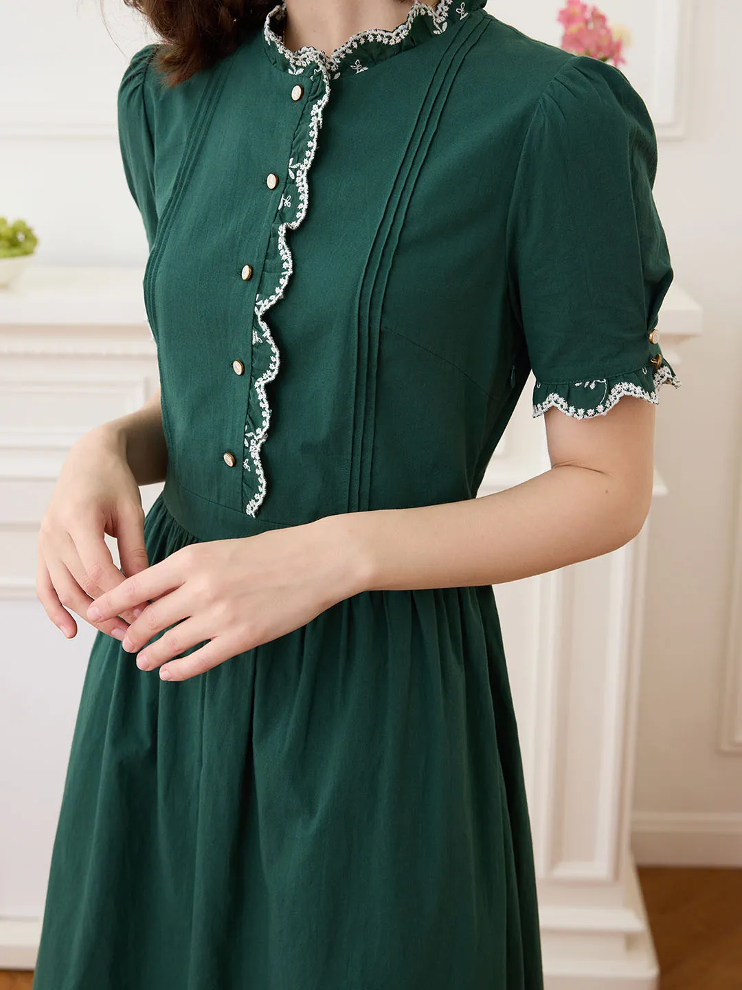 Romina Cotton Vintage Embroidered Green Dress
