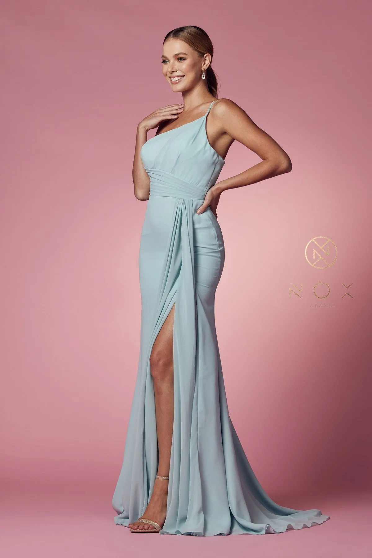 Ruched Long One Shoulder  A-line Dress_E1005