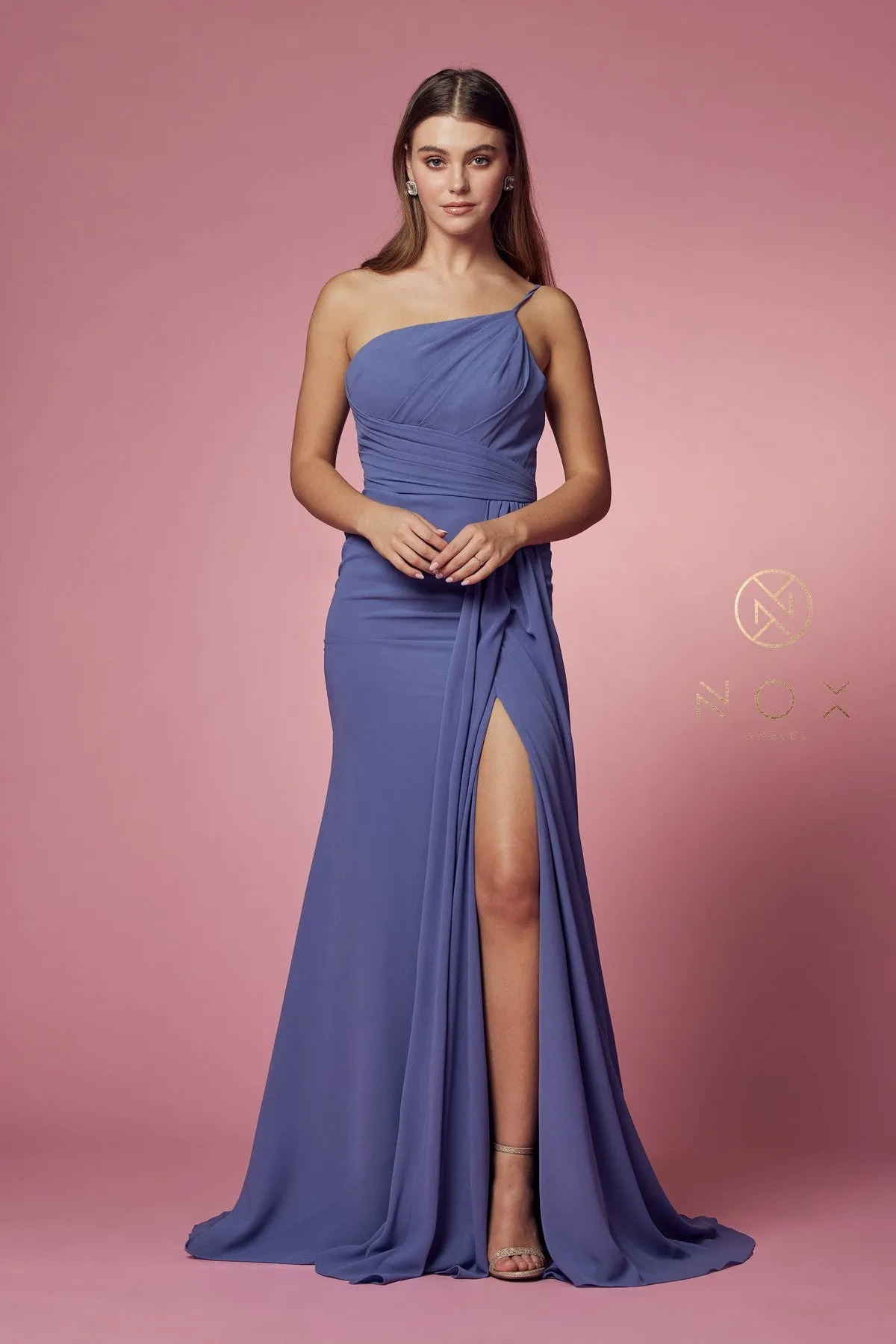 Ruched Long One Shoulder  A-line Dress_E1005