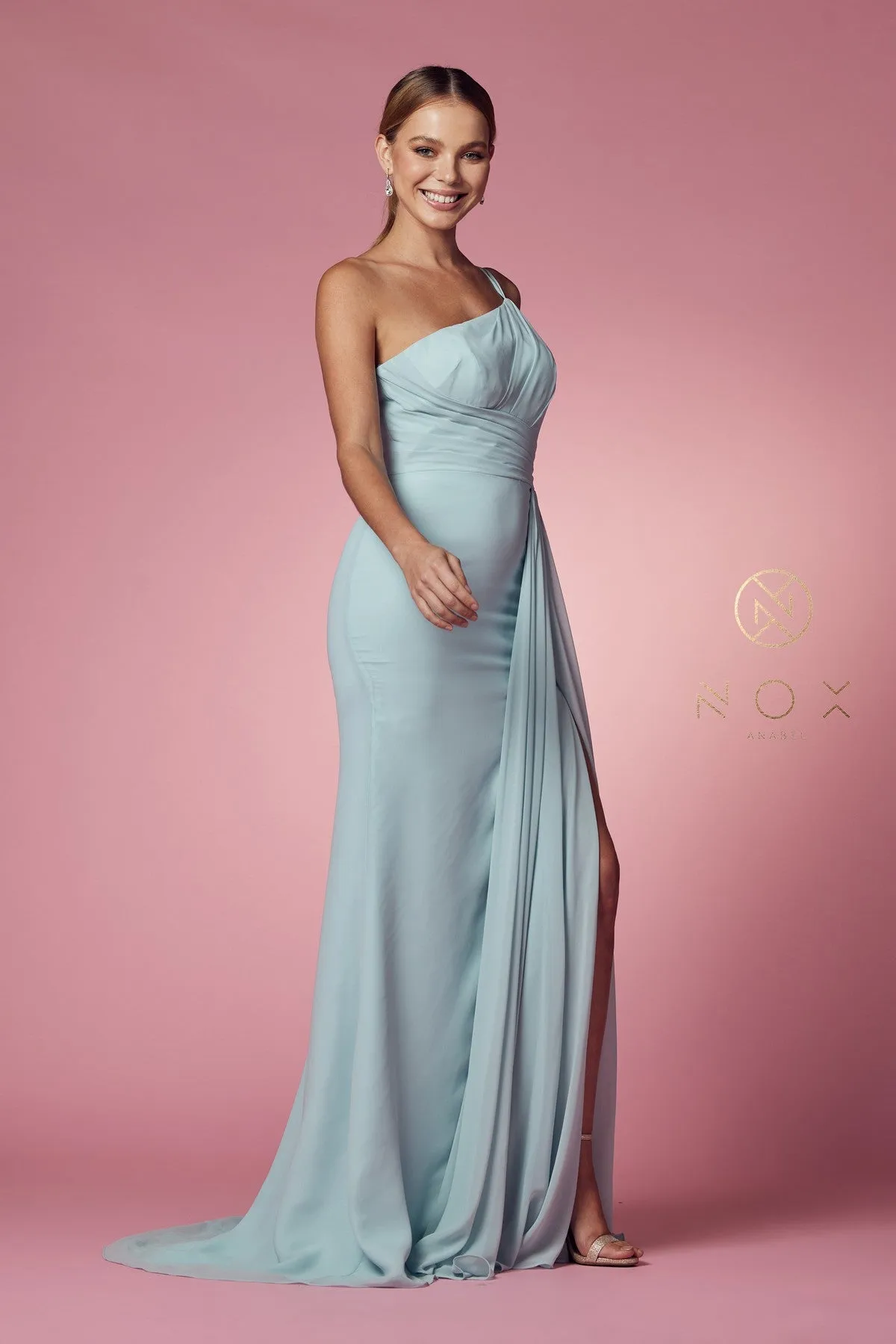 Ruched Long One Shoulder  A-line Dress_E1005