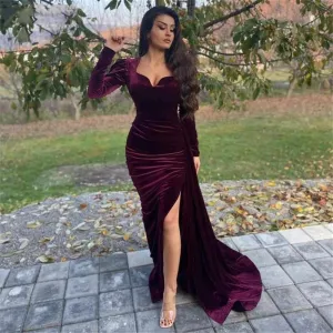 Sexy Maroon Mermaid Long Sleeves Prom Dresses with Split SA1578