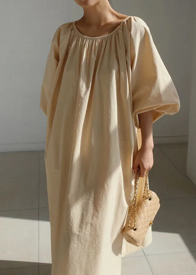 Simple Beige Cotton Pockets Casual Holiday Dress Spring