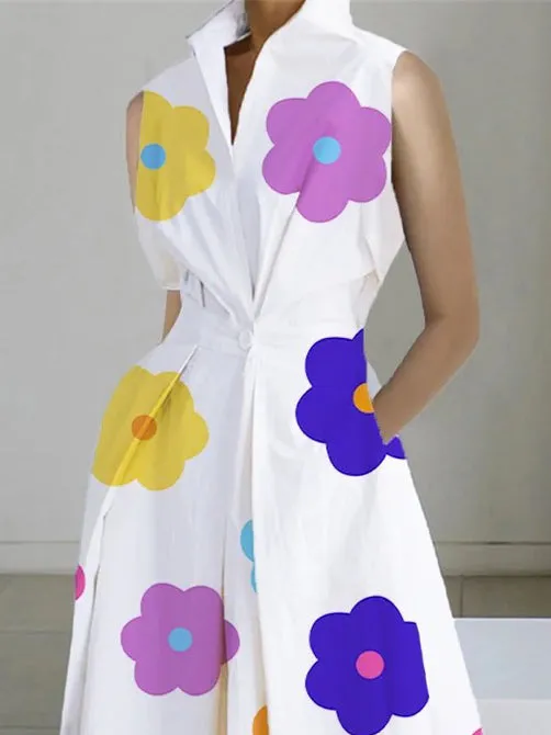 Sleeveless Floral Printed Lapel Midi Dresses