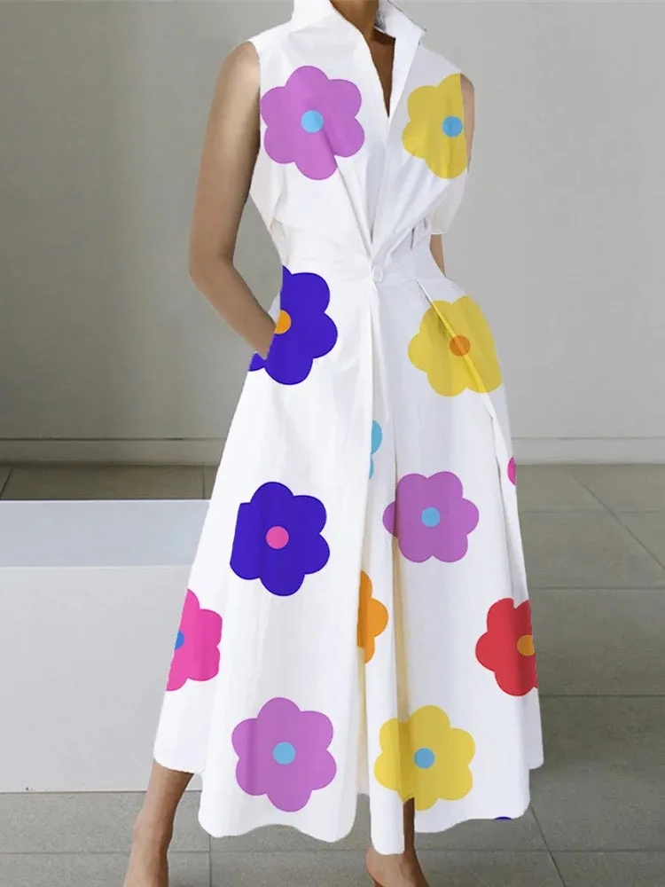 Sleeveless Floral Printed Lapel Midi Dresses