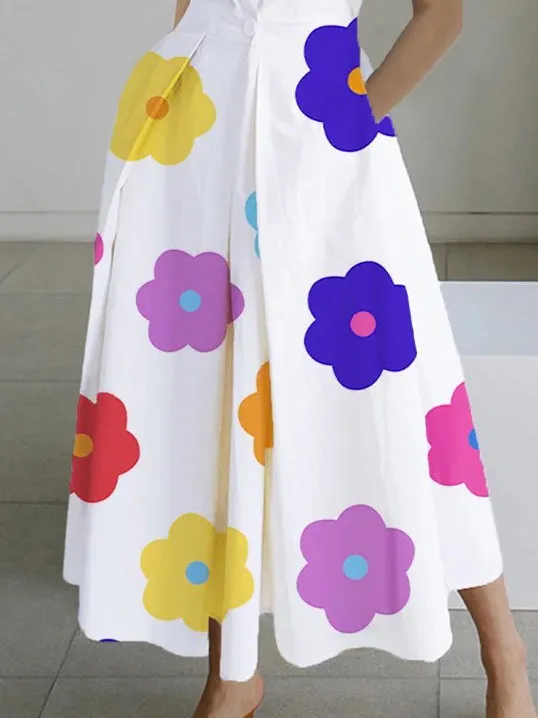 Sleeveless Floral Printed Lapel Midi Dresses