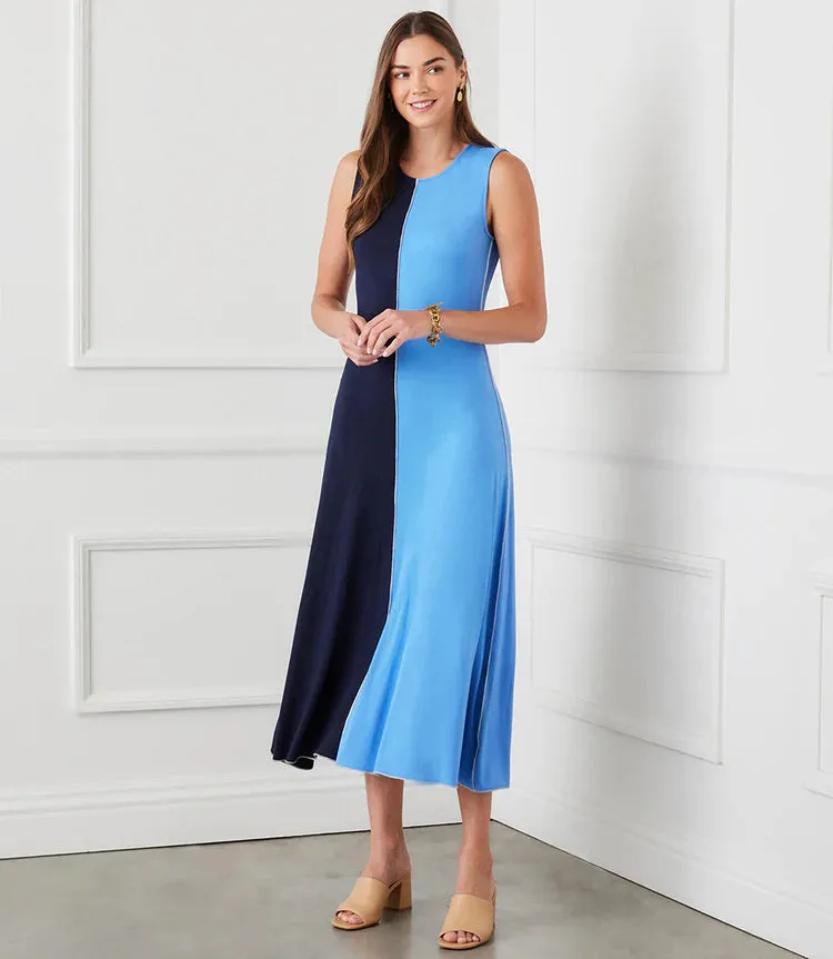 Solene Sleeveless Colorblock Midi Dress in Navy and Blue- Karen Kane 1L13031