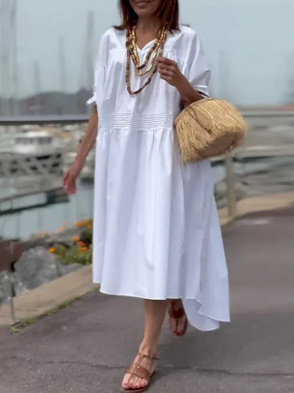 Solid Color Half Sleeves Loose V-Neck Midi Dresses