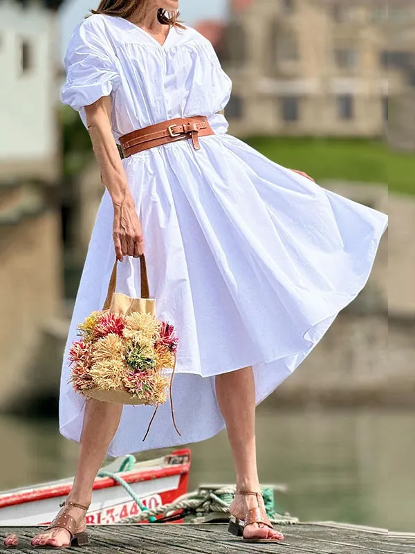 Solid Color Half Sleeves Loose V-Neck Midi Dresses