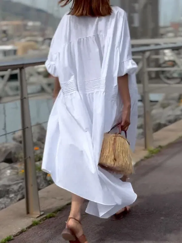 Solid Color Half Sleeves Loose V-Neck Midi Dresses