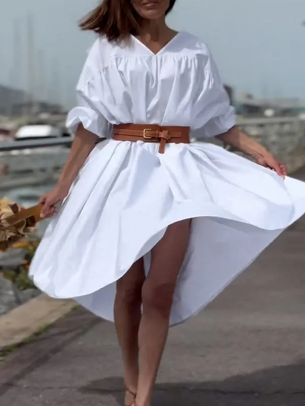 Solid Color Half Sleeves Loose V-Neck Midi Dresses