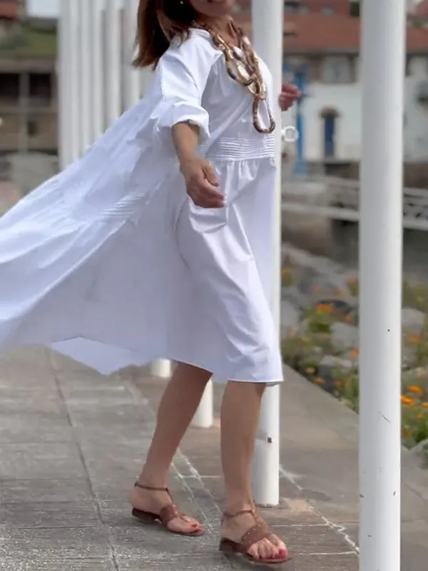 Solid Color Half Sleeves Loose V-Neck Midi Dresses