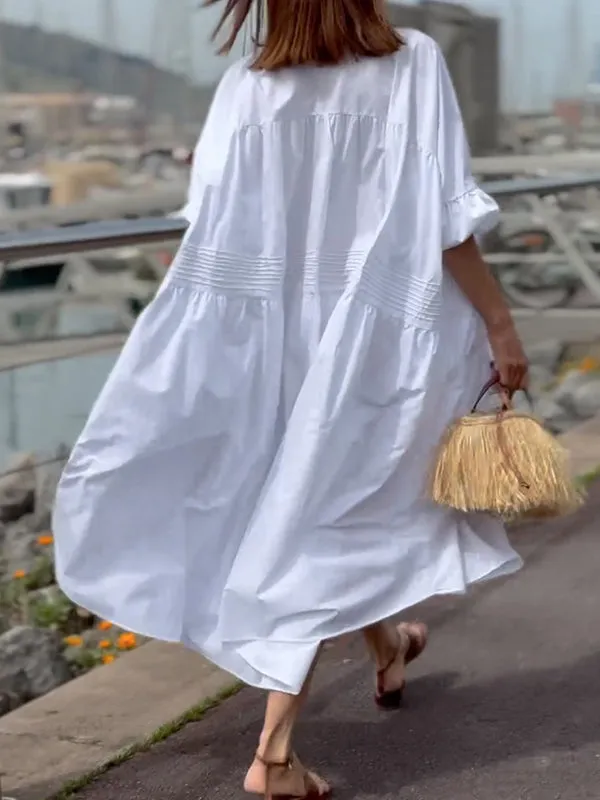 Solid Color Half Sleeves Loose V-Neck Midi Dresses