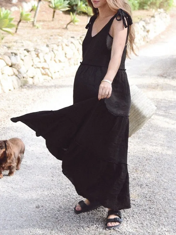 Solid Color Loose Sleeveless V-Neck Midi Dresses
