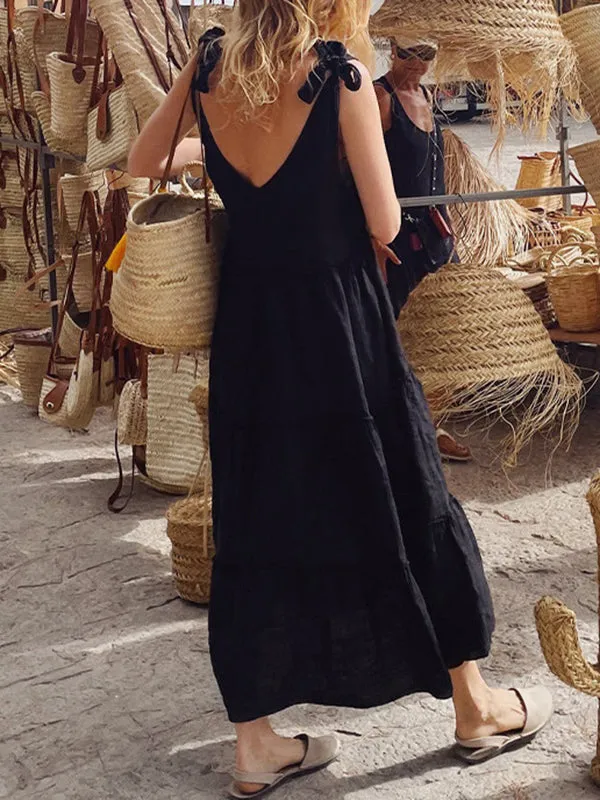 Solid Color Loose Sleeveless V-Neck Midi Dresses
