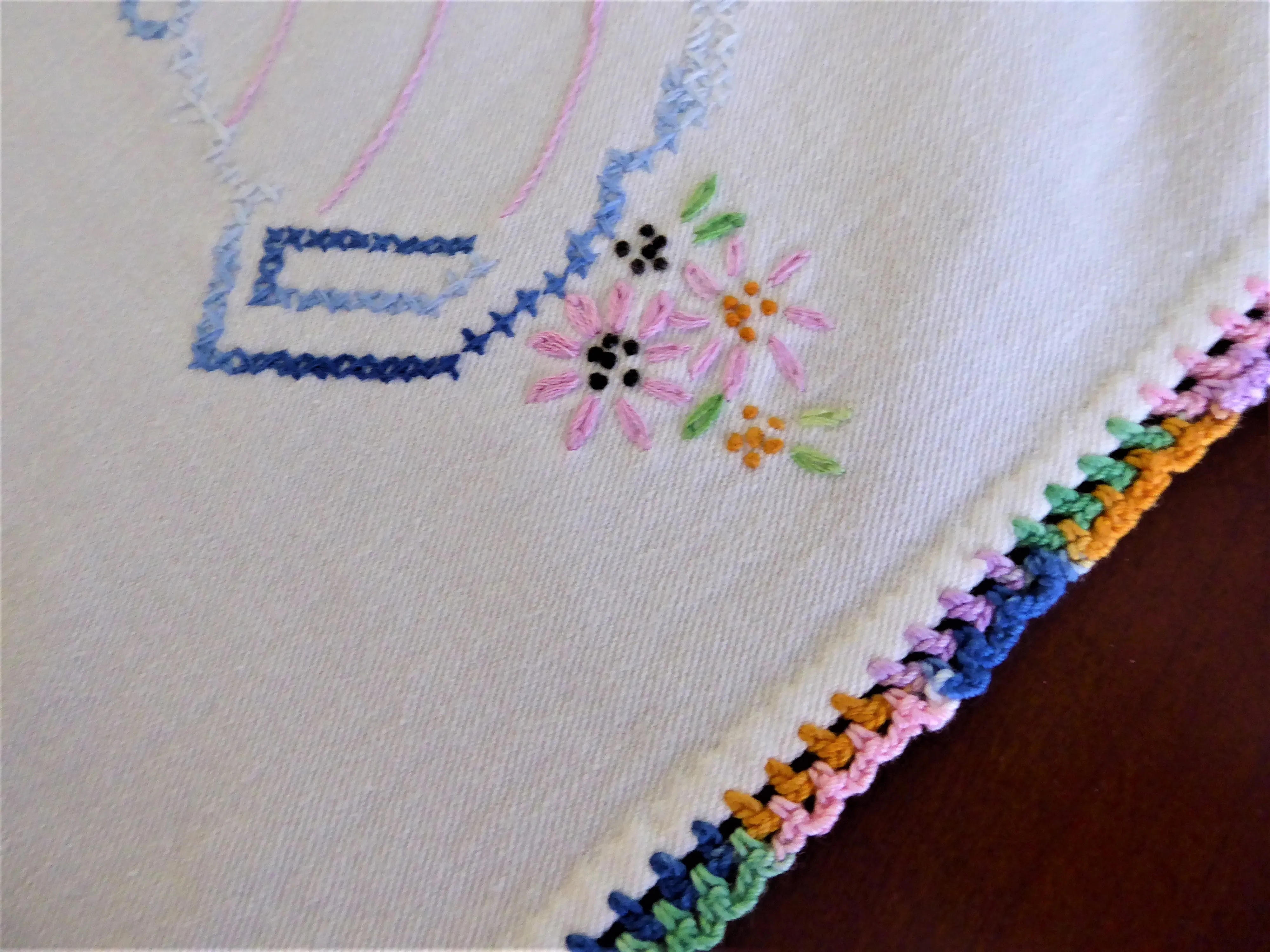 Tea Party Tea Cloth Tablecloth Cross Stitch Embroidered Linen 36 Inch Bridge 1950s