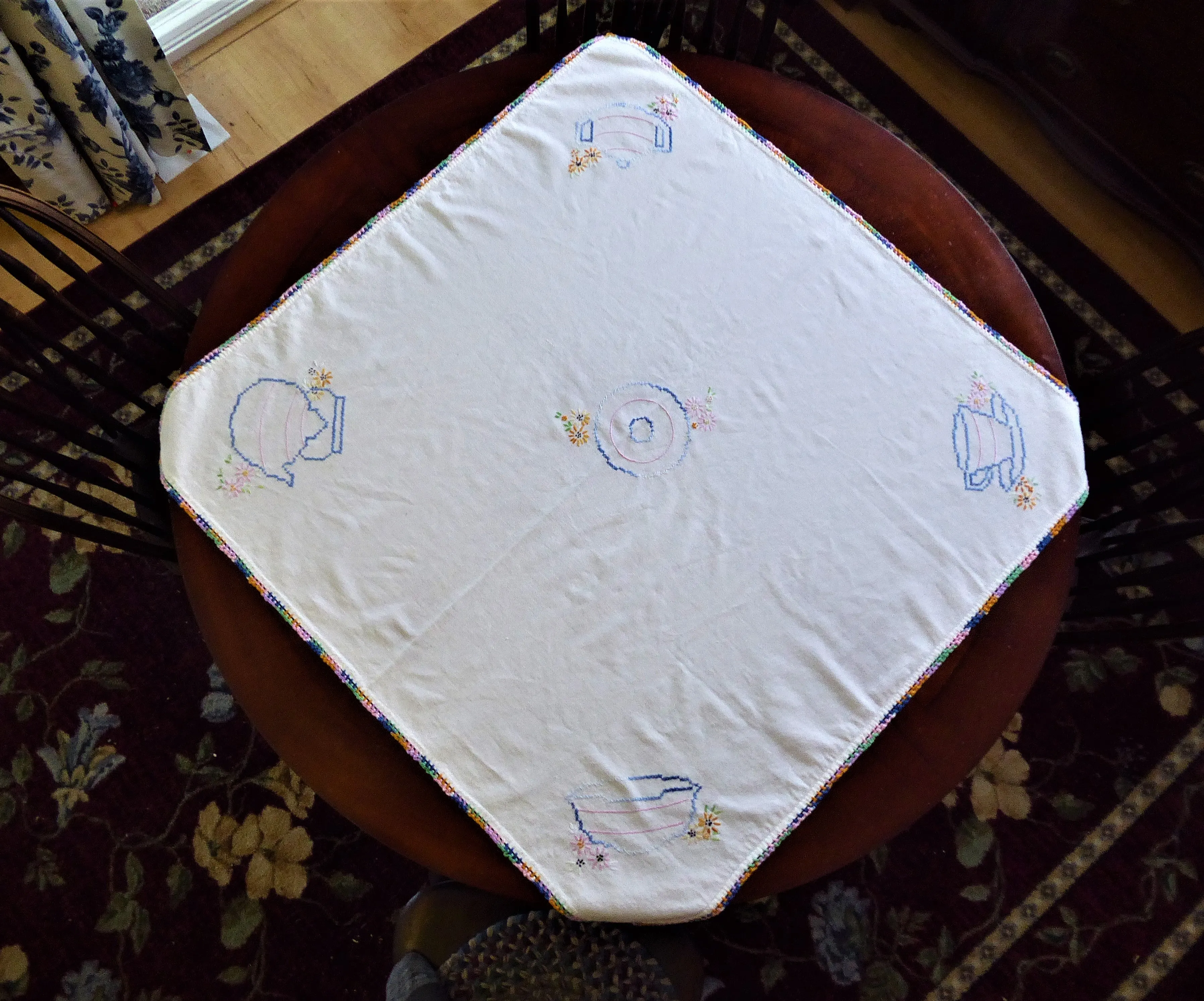 Tea Party Tea Cloth Tablecloth Cross Stitch Embroidered Linen 36 Inch Bridge 1950s