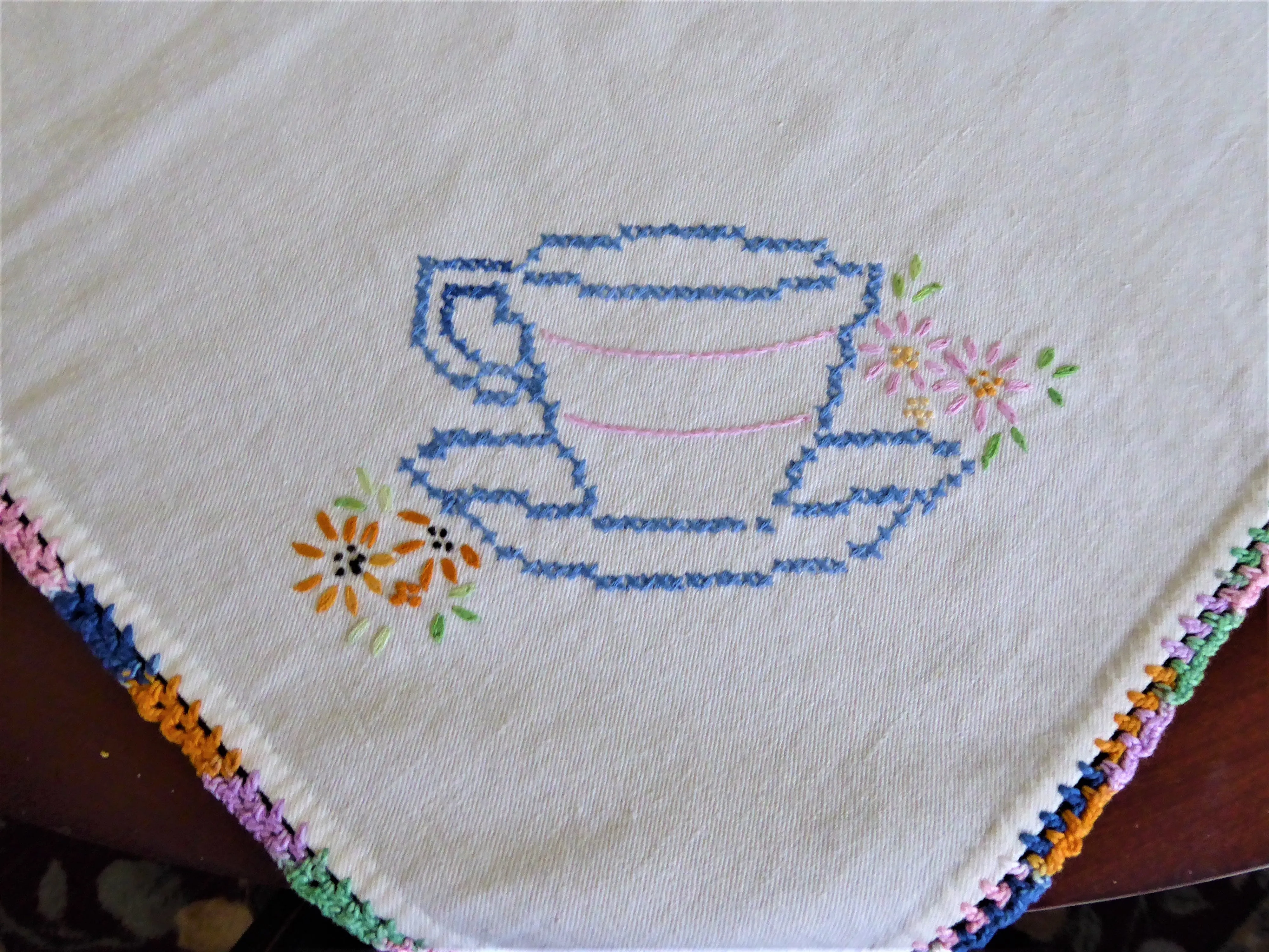 Tea Party Tea Cloth Tablecloth Cross Stitch Embroidered Linen 36 Inch Bridge 1950s