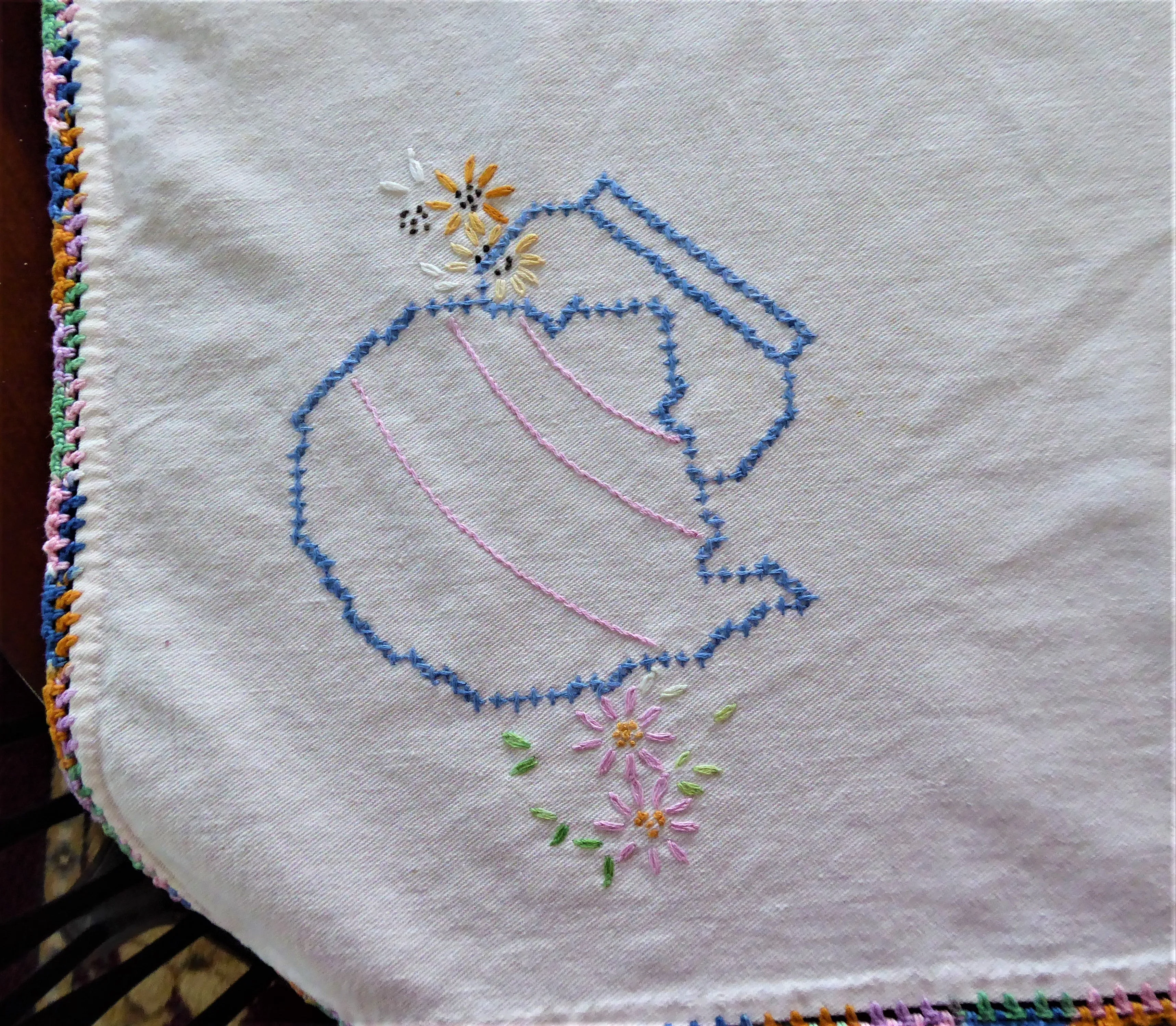 Tea Party Tea Cloth Tablecloth Cross Stitch Embroidered Linen 36 Inch Bridge 1950s