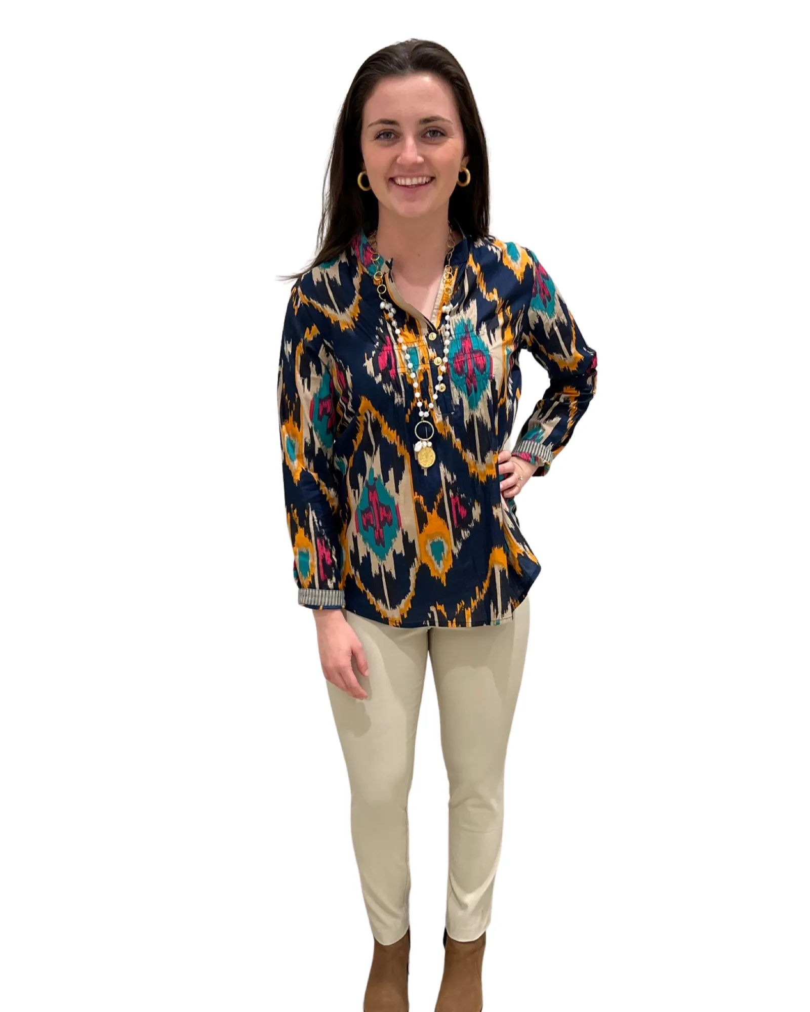 The Avery Multi Ikat Button Front Top