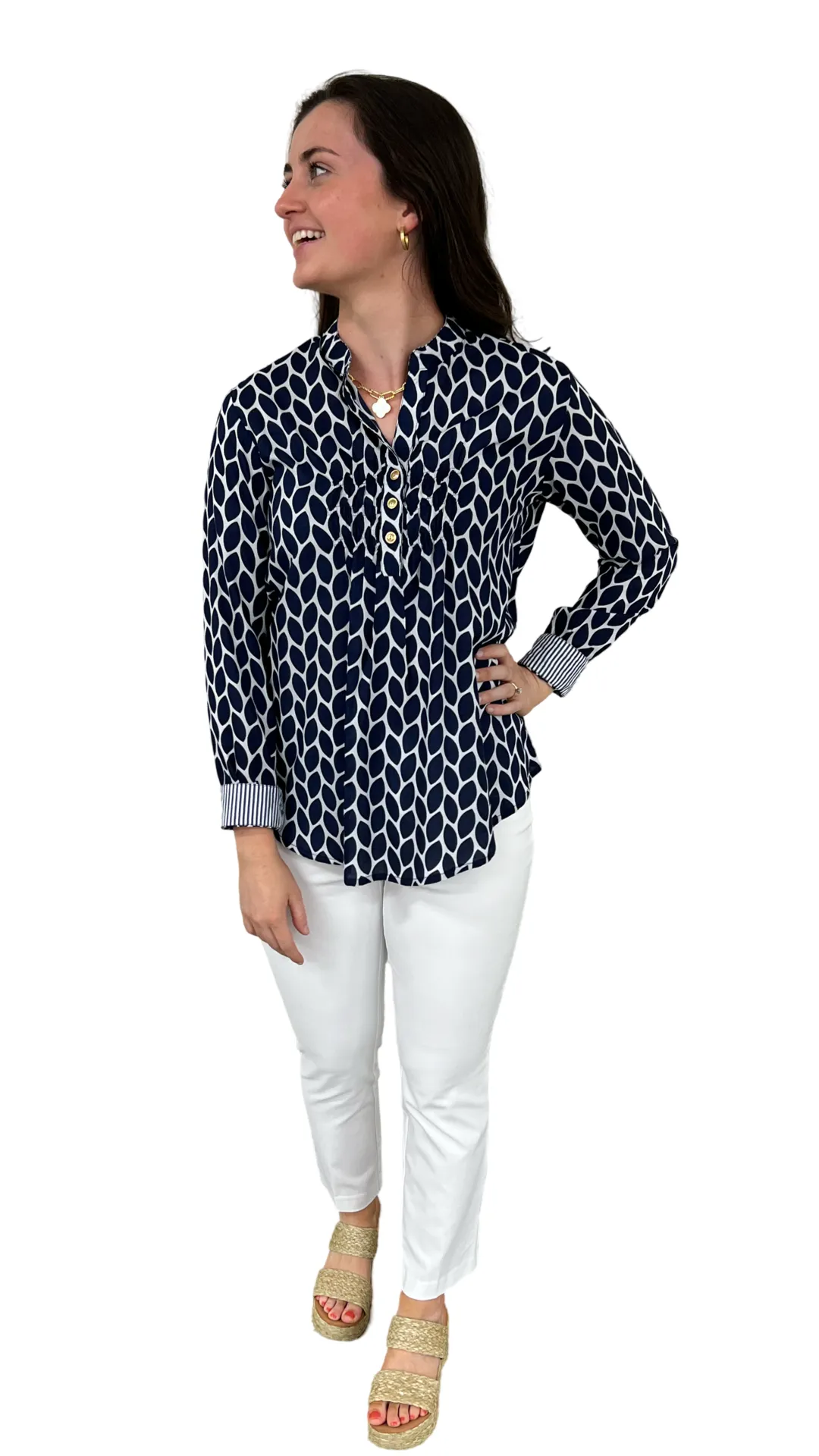 The Avery Navy and White Button Front Top