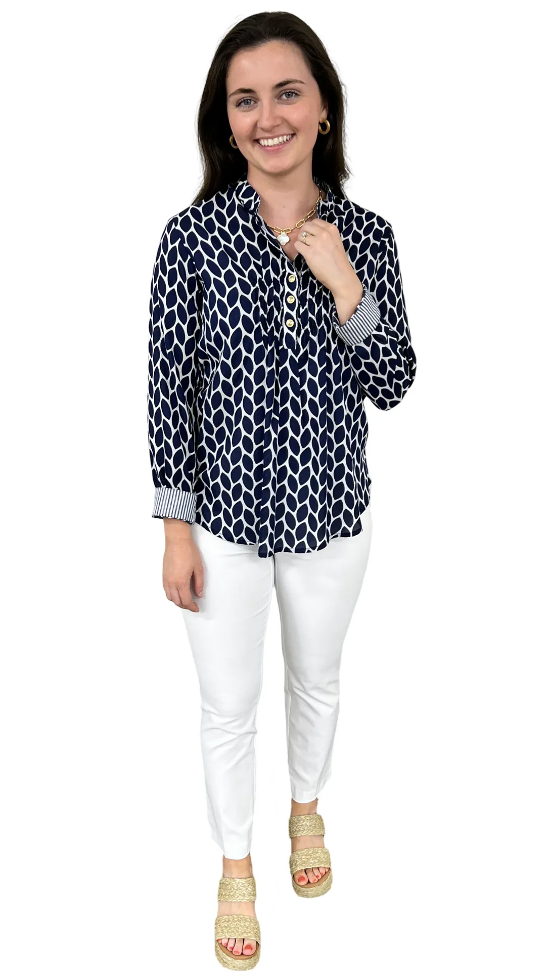 The Avery Navy and White Button Front Top