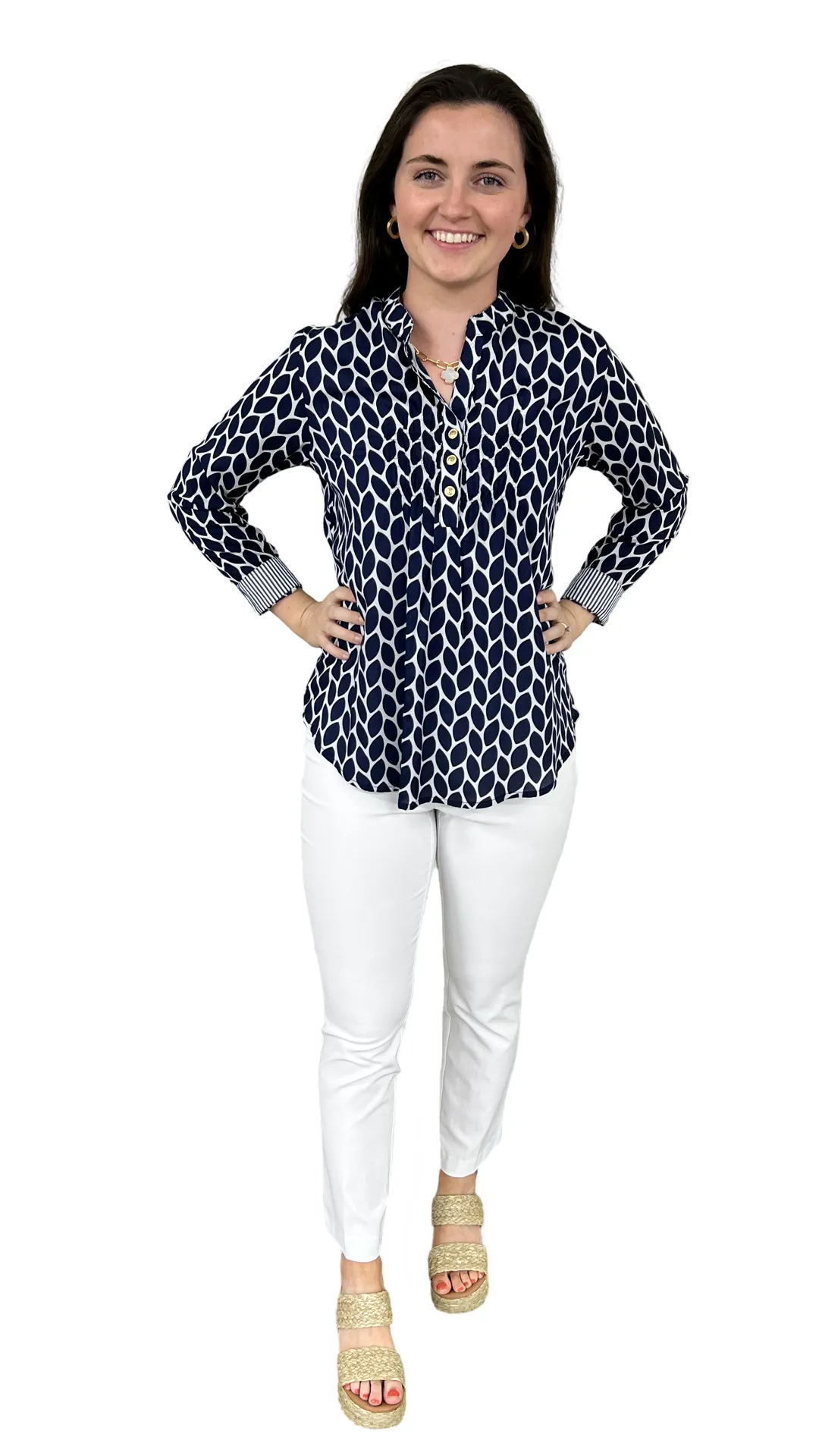 The Avery Navy and White Button Front Top