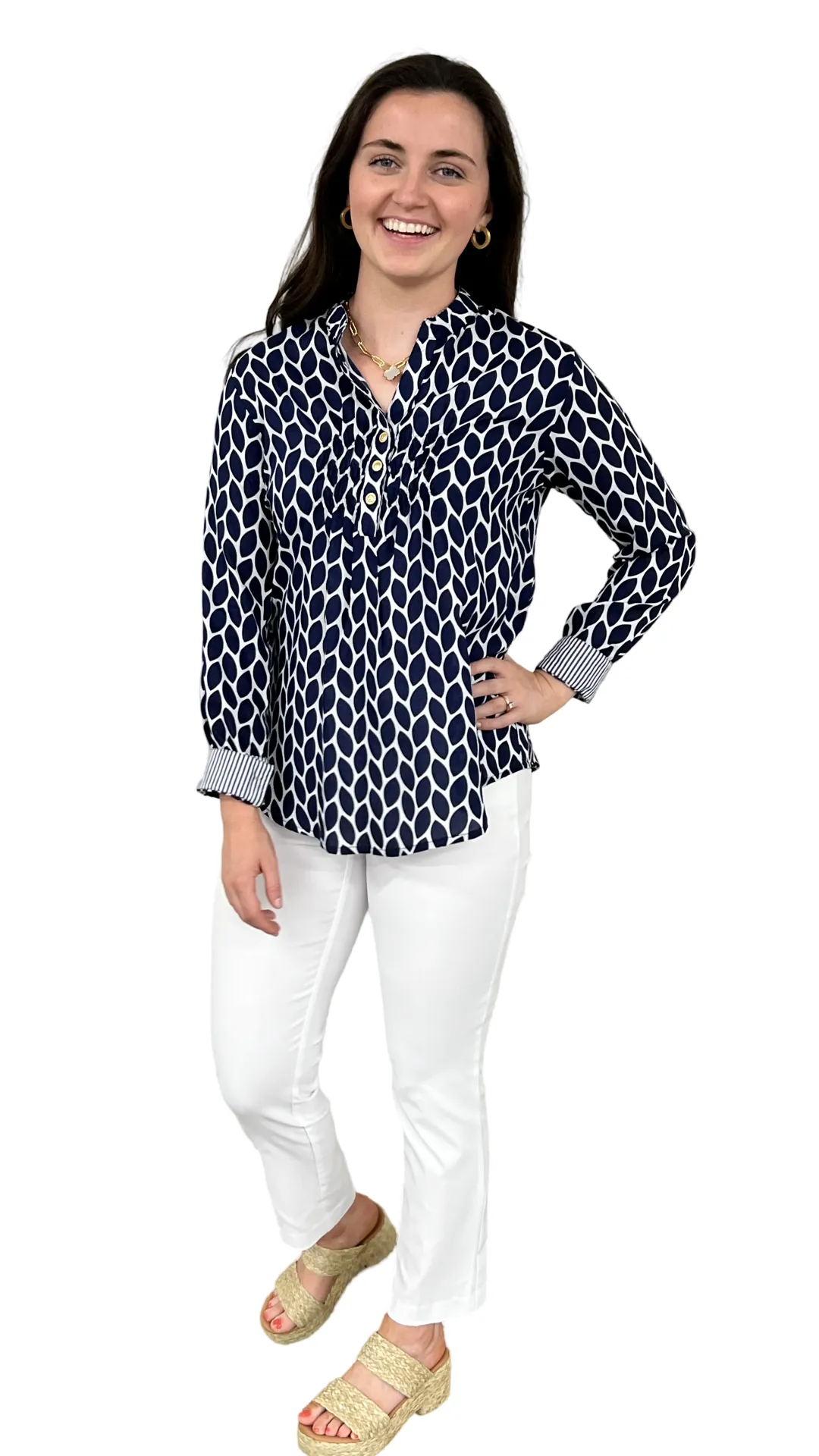 The Avery Navy and White Button Front Top
