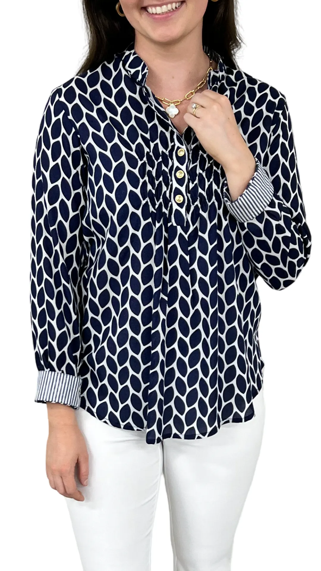 The Avery Navy and White Button Front Top