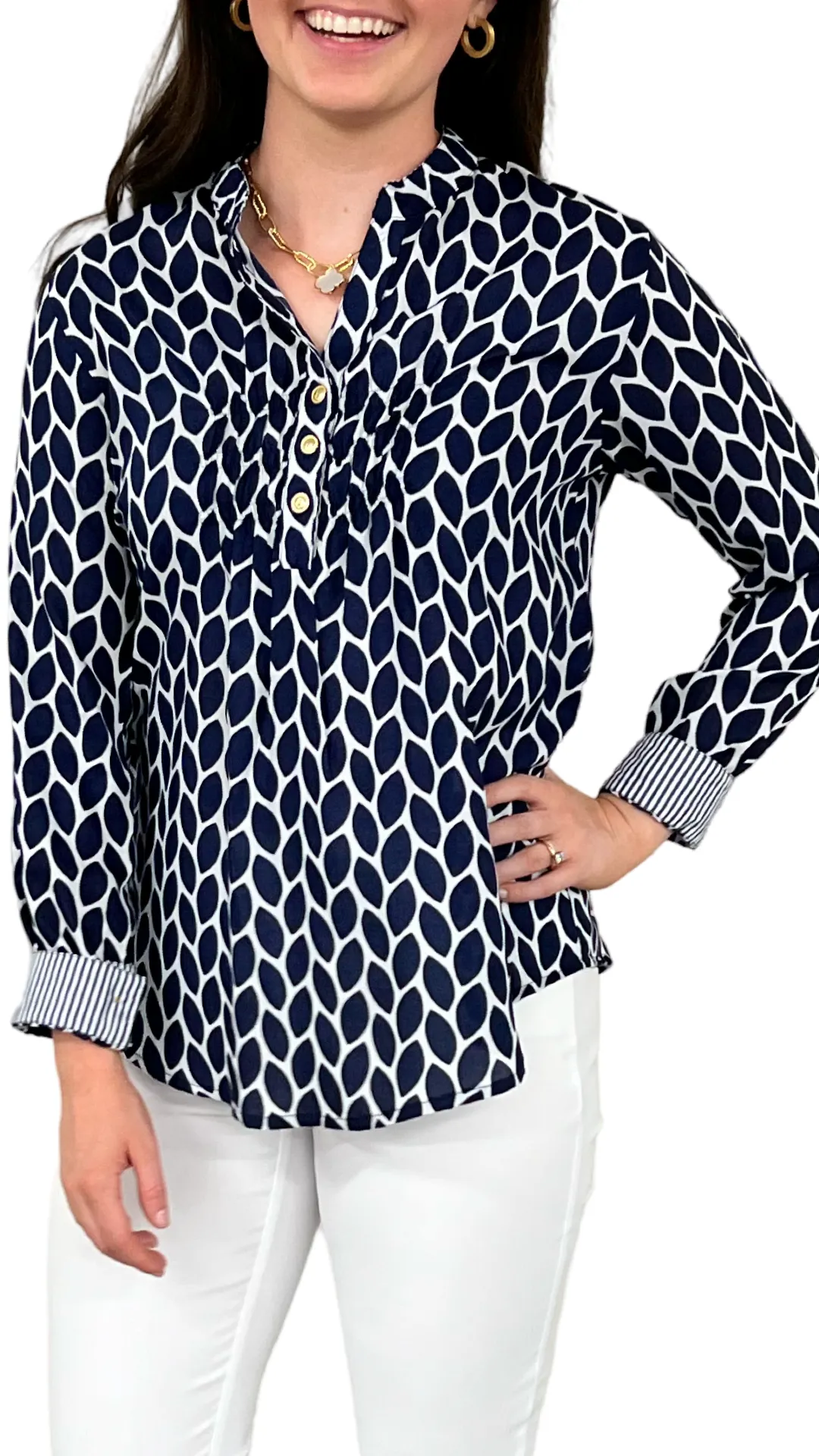 The Avery Navy and White Button Front Top