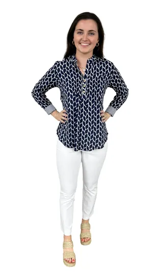 The Avery Navy and White Button Front Top