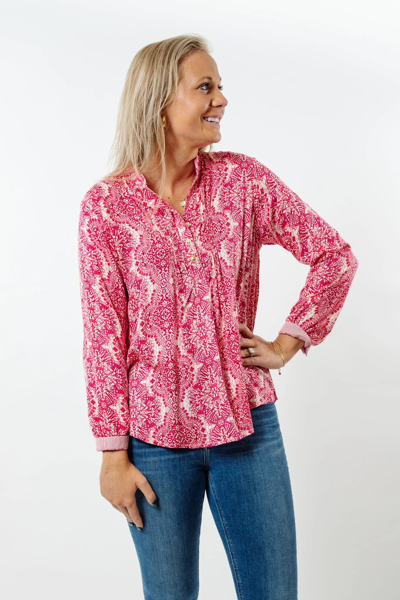 The Avery Raspberry and Cream Button Front Shirt