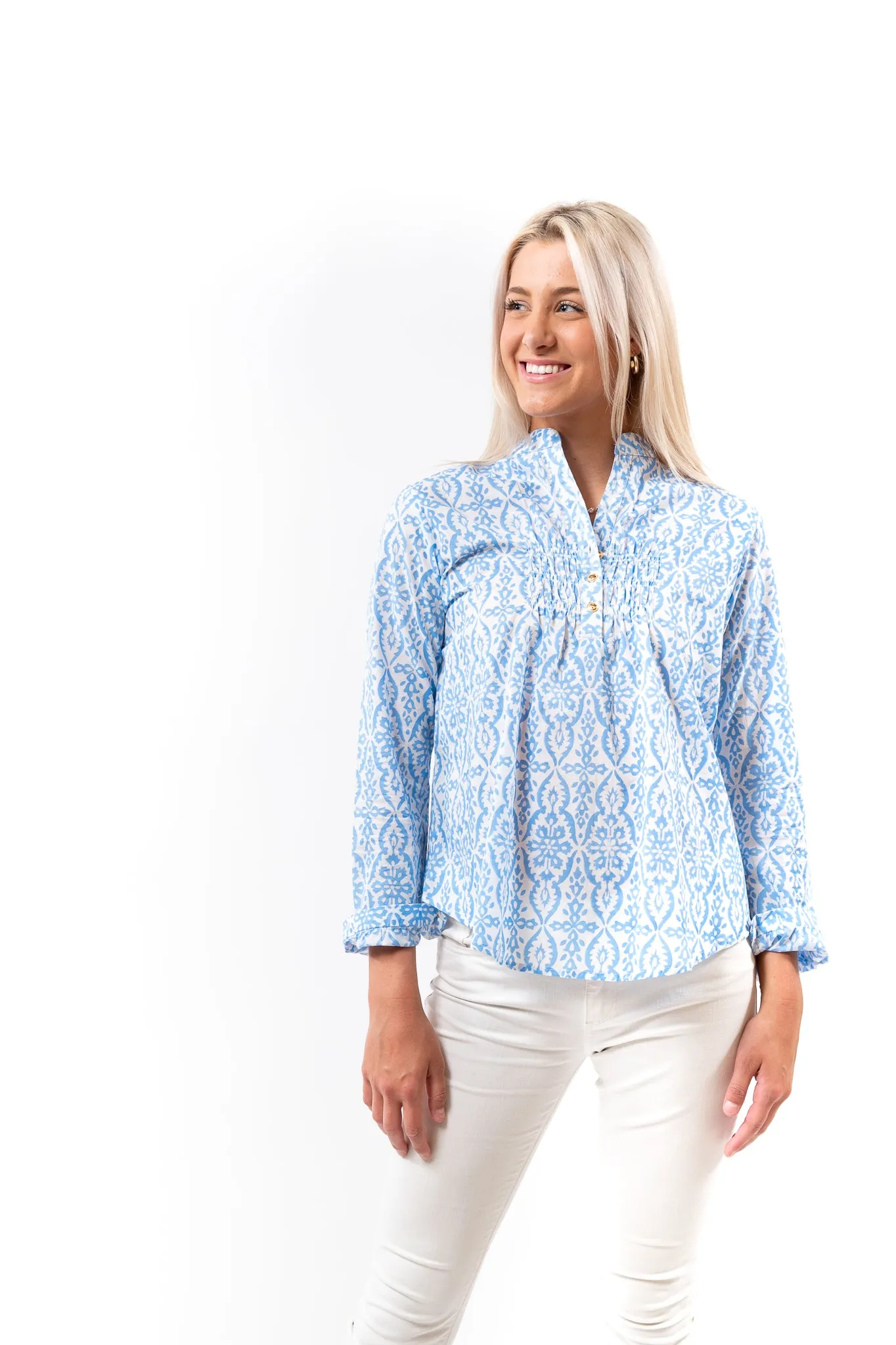 The Avery Top in Blue and White Cotton