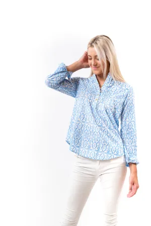 The Avery Top in Blue and White Cotton