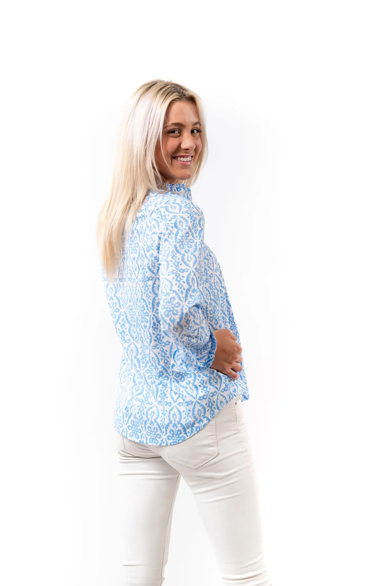 The Avery Top in Blue and White Cotton