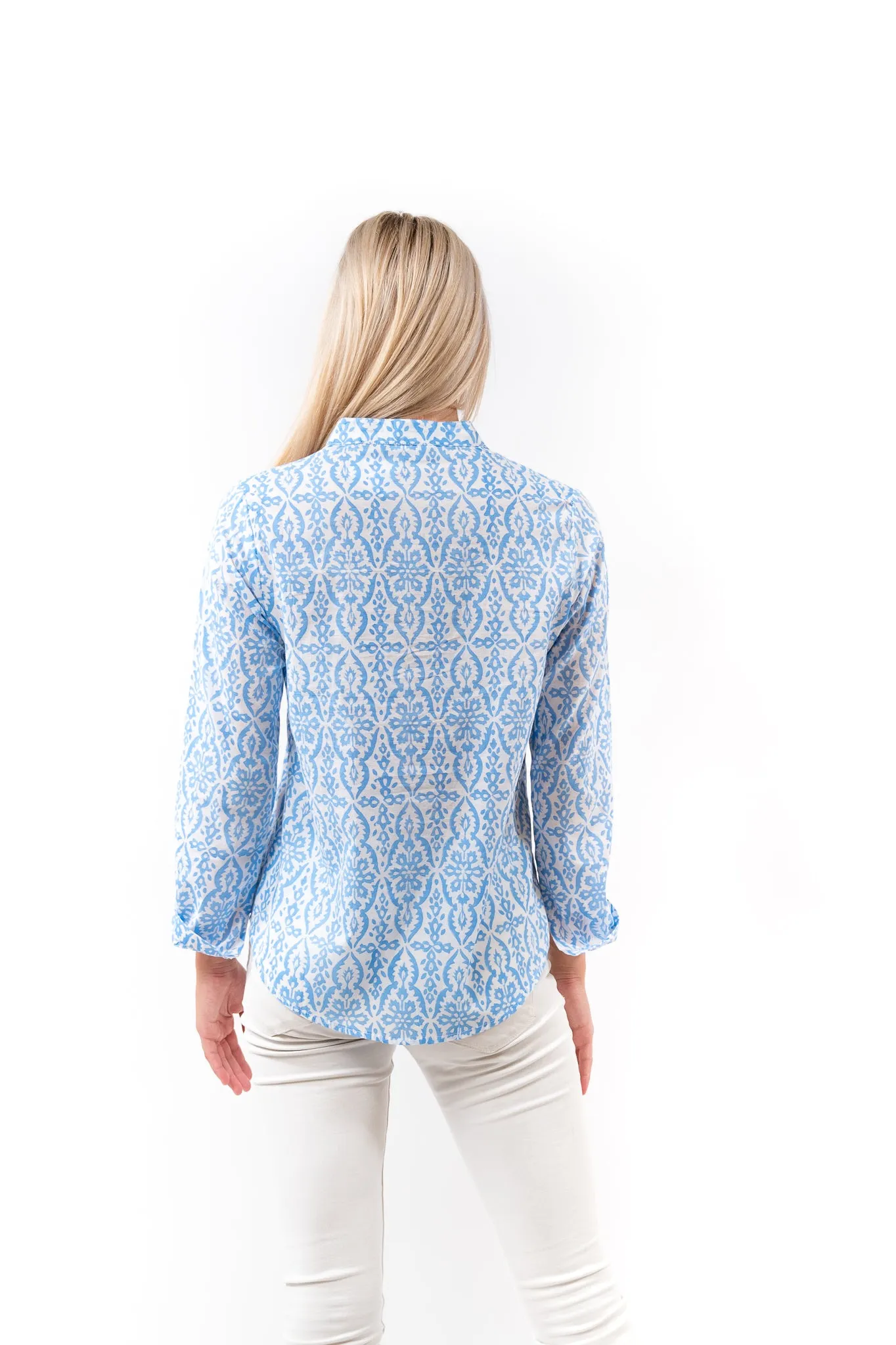 The Avery Top in Blue and White Cotton