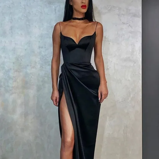 Thin Straps Simple Prom Gowns with Leg Slit Side KS410