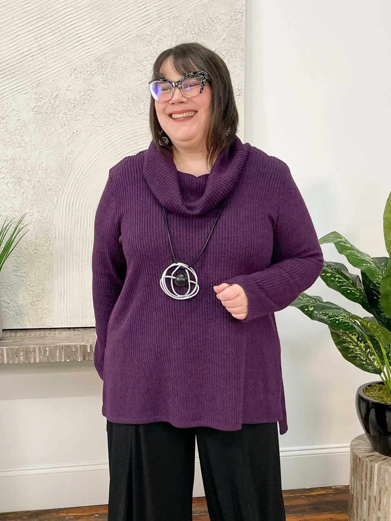 Turtleneck Ribbed Sweater Tunic, Grape