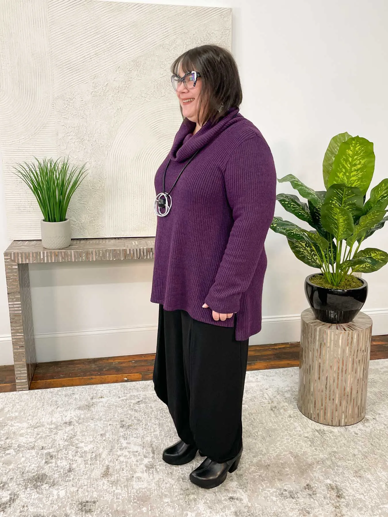 Turtleneck Ribbed Sweater Tunic, Grape