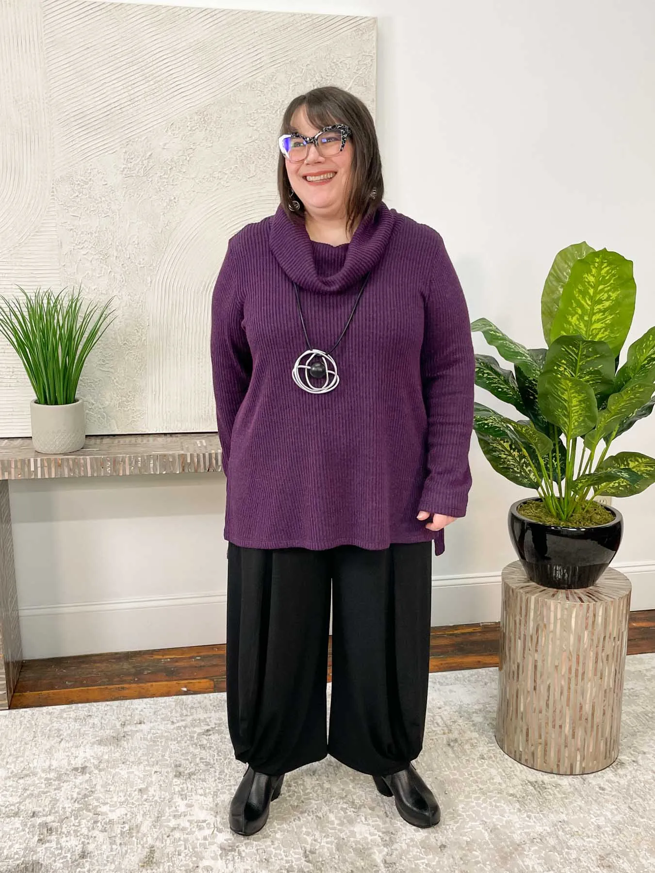 Turtleneck Ribbed Sweater Tunic, Grape