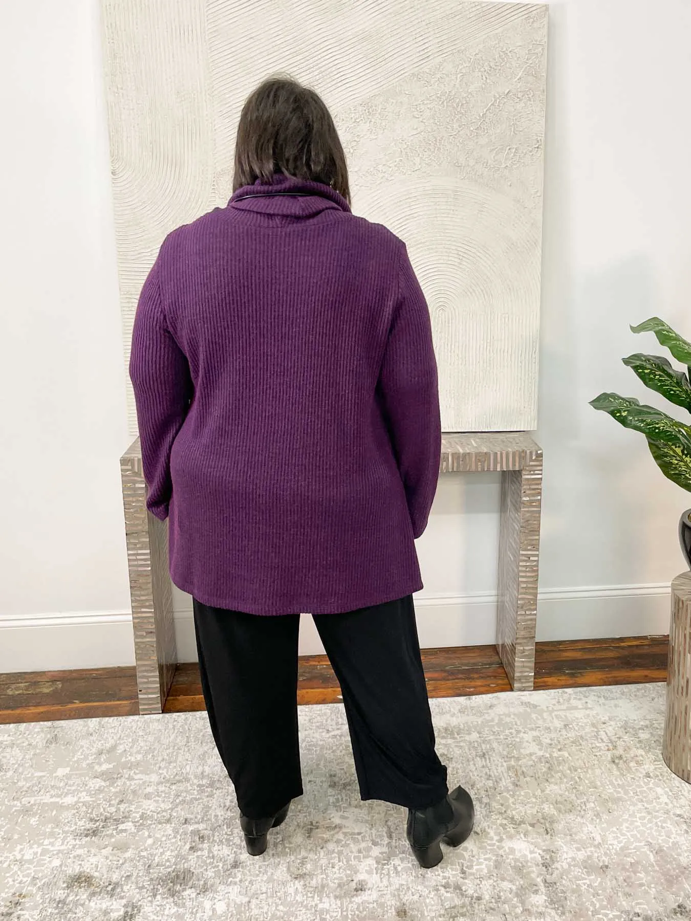 Turtleneck Ribbed Sweater Tunic, Grape