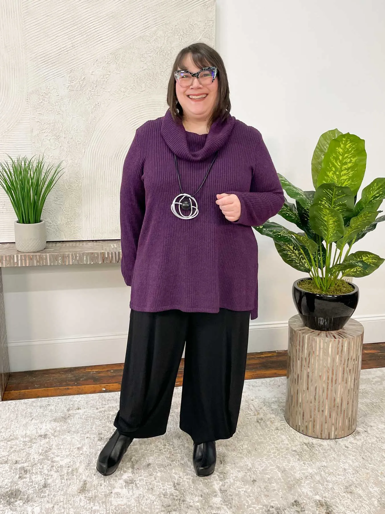 Turtleneck Ribbed Sweater Tunic, Grape