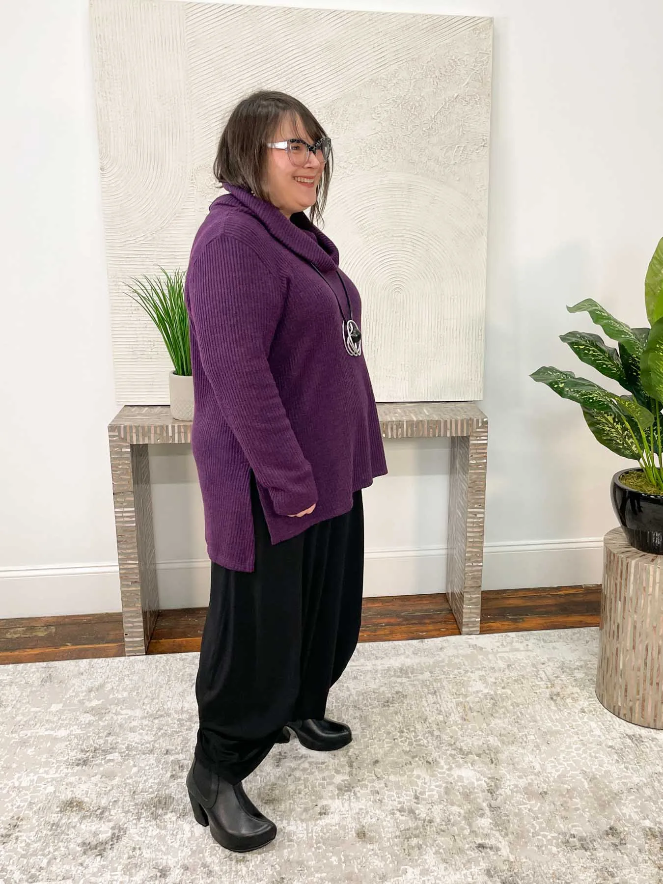 Turtleneck Ribbed Sweater Tunic, Grape