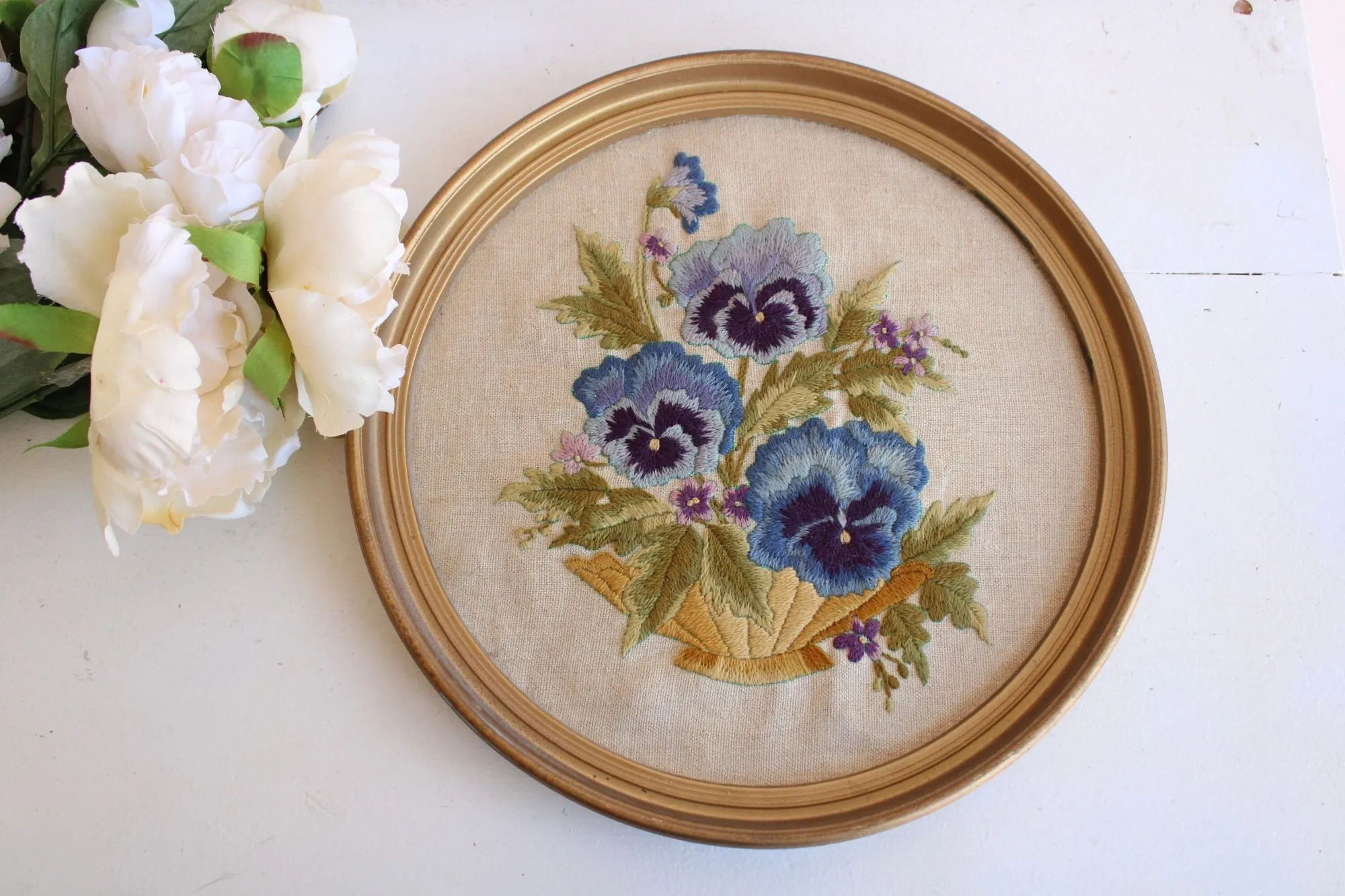Vintage Framed Embroidered Pansies