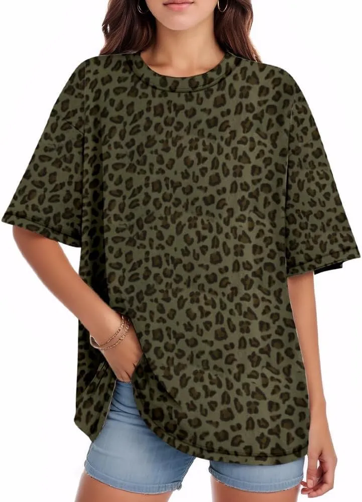 Women Oversized Leopard Print T Shirt Casual Baggy Loose Short Sleeve Round Neck Cheetah Tee Top Blouse Outfits
