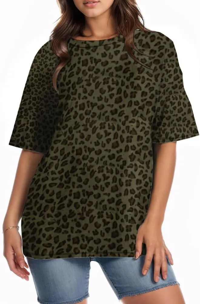 Women Oversized Leopard Print T Shirt Casual Baggy Loose Short Sleeve Round Neck Cheetah Tee Top Blouse Outfits