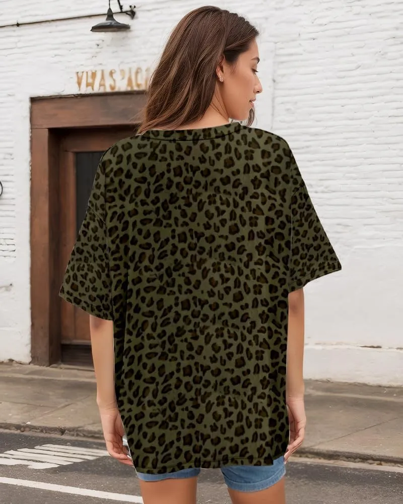 Women Oversized Leopard Print T Shirt Casual Baggy Loose Short Sleeve Round Neck Cheetah Tee Top Blouse Outfits